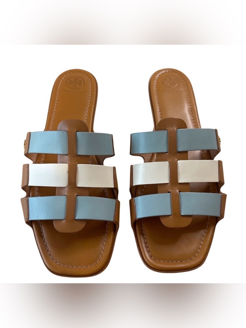 Tory Burch Ines Multi Strap Slides‎ Tan Blue White Leather Sandals 11
